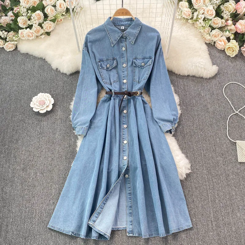 French Vintage Denim Dresses Autumn Fashion Mid-length Slim Dress Elegant Female Single-breasted Laple Long Sleeve Dress