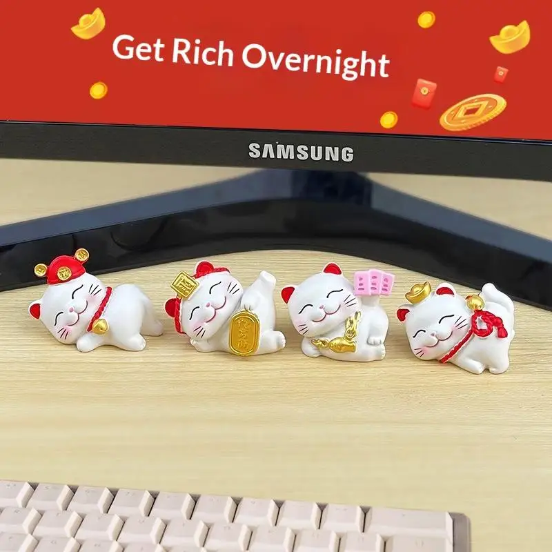 1/2/4Pcs Lucky Cute Cat Figurine - Wealth Fortune Sculpture For Gaming Office Desk Car Chinese New Year Decor Gifts