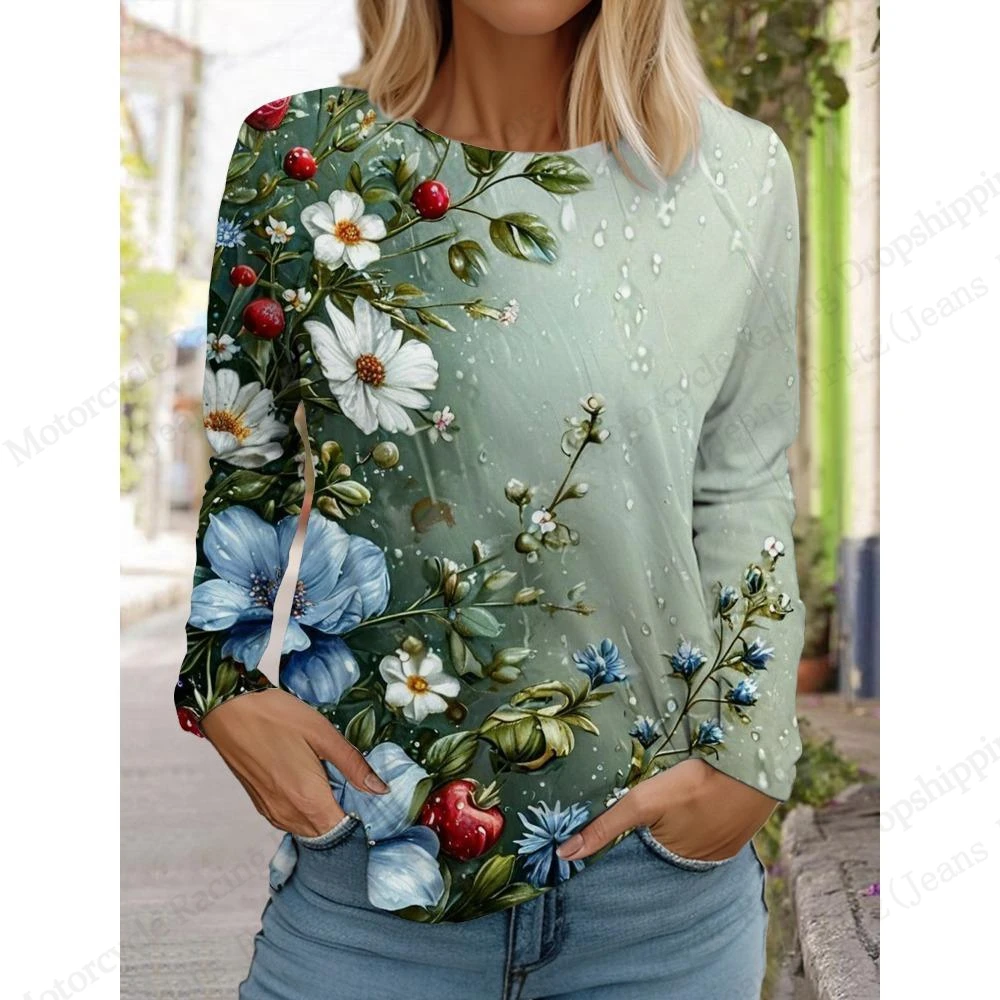 Novità Vari Stile Floreale 3d Stampa T-shirt Donna Moda Casual Oversize Manica Lunga Maglietta Donna Top Tees Autunno Inverno