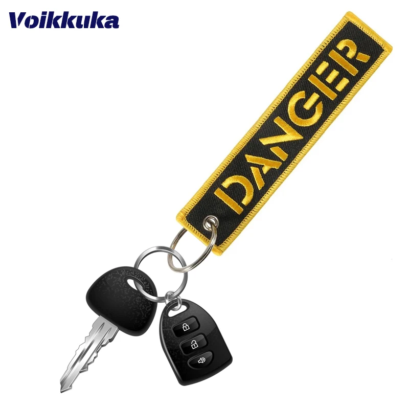 1PC 2PCS 3PCS Set Sale Golden Warning Golden Danger Both Sides Embroidery Black Cloth Tag Keychain Motorcycle Key Accessories