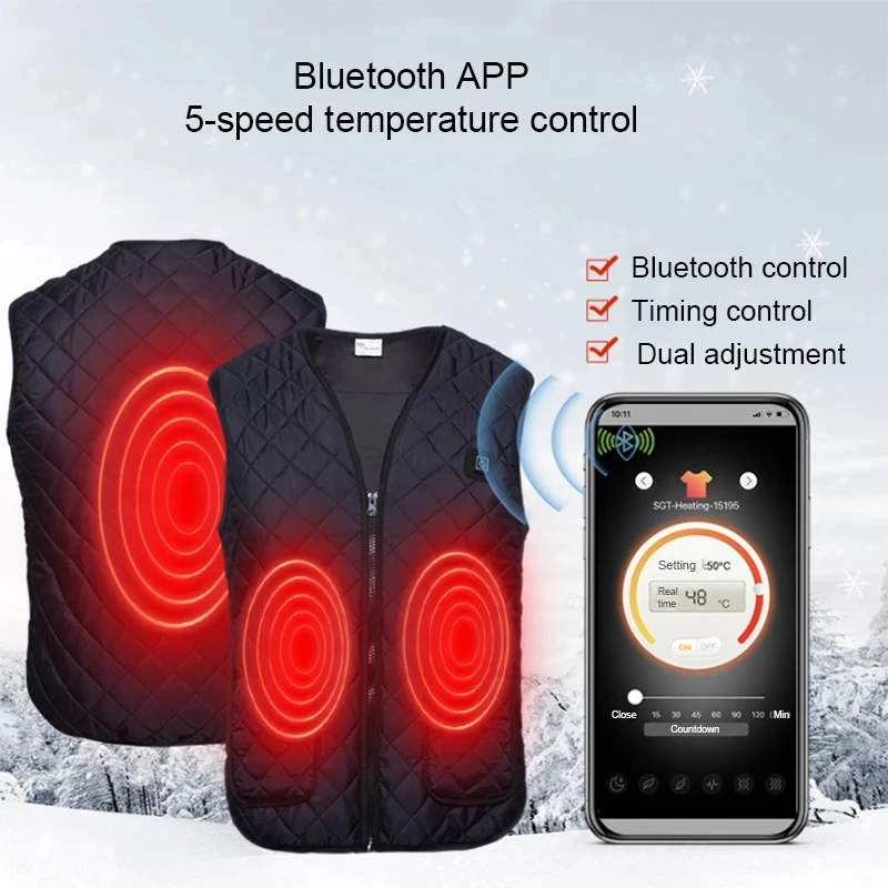 Men Women Winter USB Electric Heated Vest Bluetooth APP Timing 5 Gear Temperature Electric Jacket Outdoor Hunt Fishing 2/1Pcs