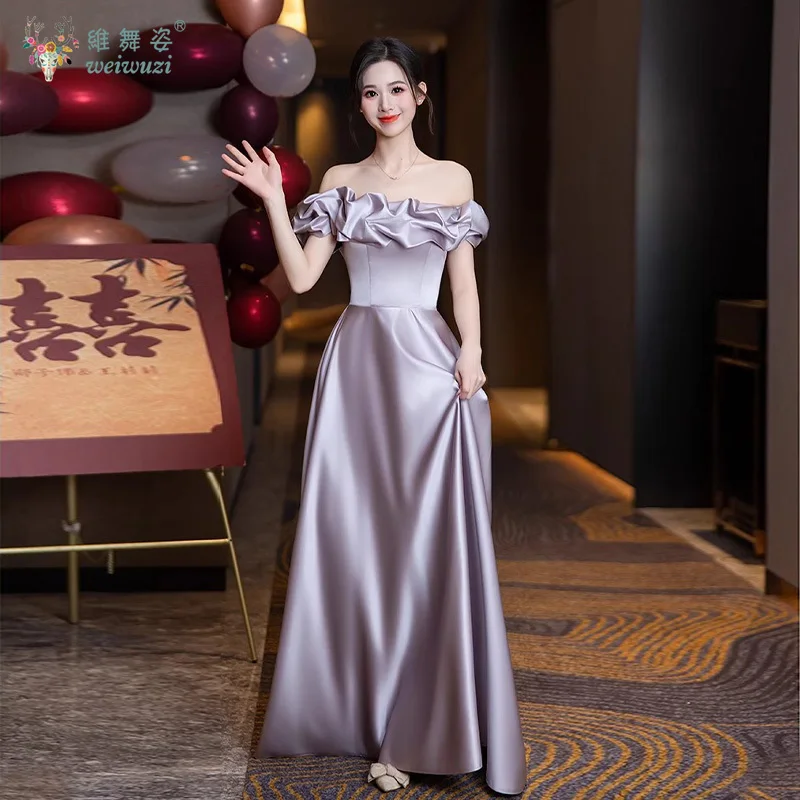 2025 novo roxo suave cetim uma linha colar fora do ombro gola quadrada mangas bolha cintura alta vestido de casamento da dama de honra