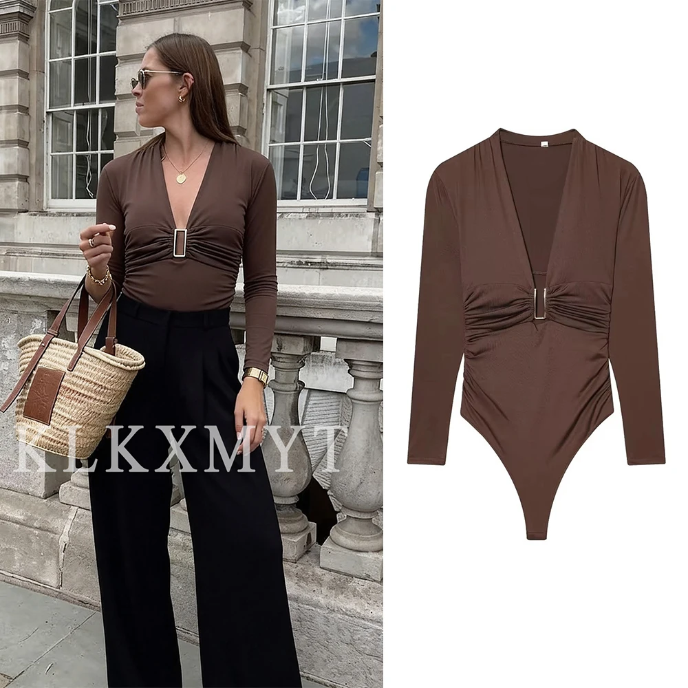 

Women Short Bodysuit 2025 Summer Autumn Women New Fashion Long Sleeves Sexy Wrinkle V-Neck Jumpsuit Women Leisure Bodysuit