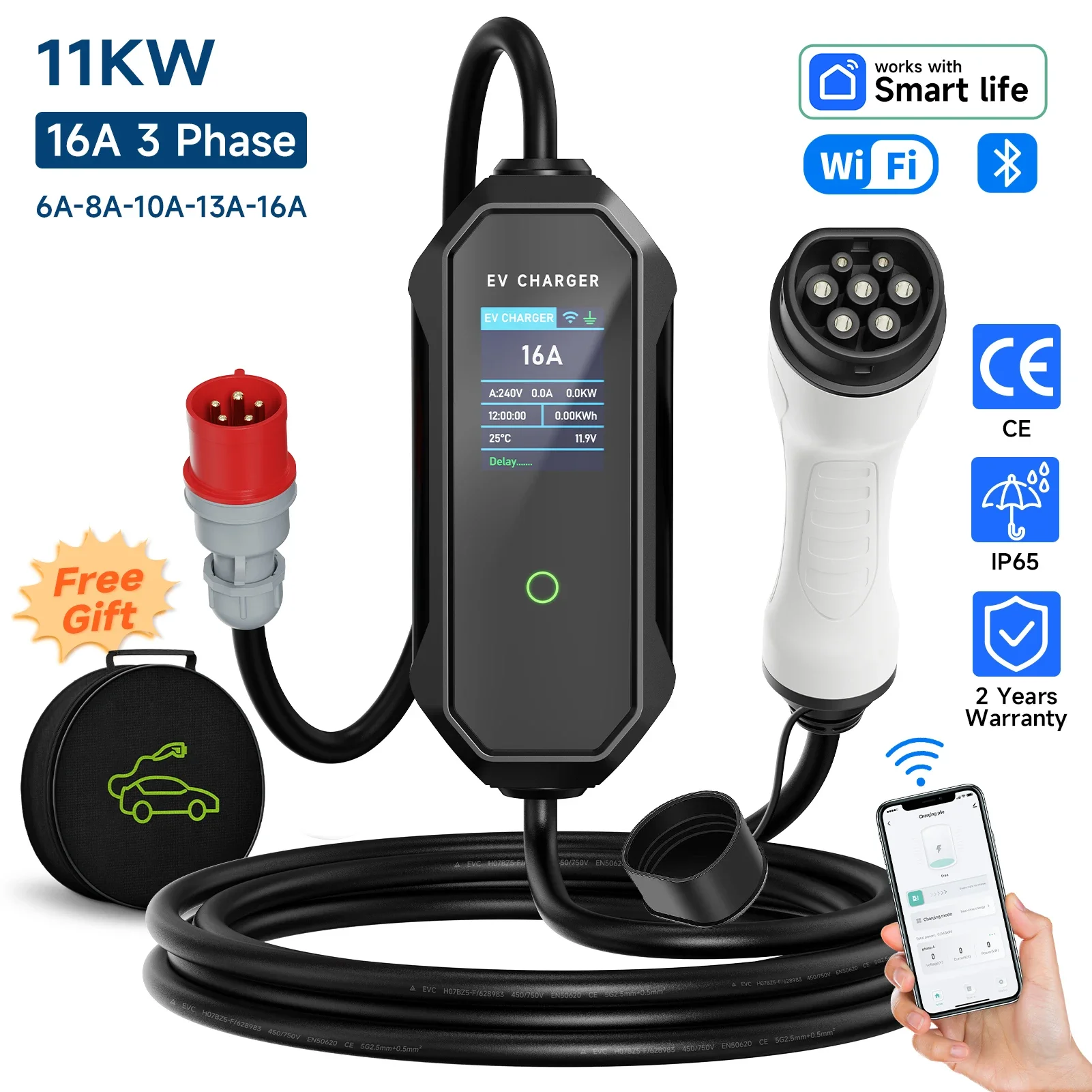 ポータブルev充電器,11kW,16A, 3相,タイプ2, IEC62196-2,evse,急速充電,財布,プラグ,wifi,アプリ,Bluetooth,ワイヤレス制御