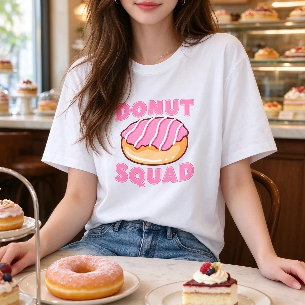 Women Short Sleeve T Shirt Donut Squad Cute Cartoon Donut Print Tee White Casual Top for Daily Wear Gift for Girls Food Lover