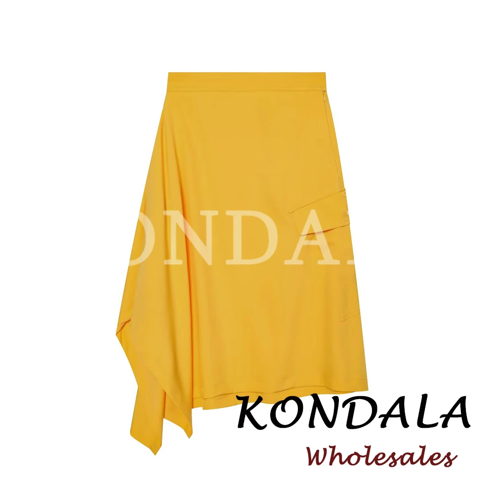 KONDALA Chic Vintage Asymmetric Casual Summer Women Long Skirts Fashion 2026 Modern Midi Yellow Y2K Pleated Beach Female Skirts