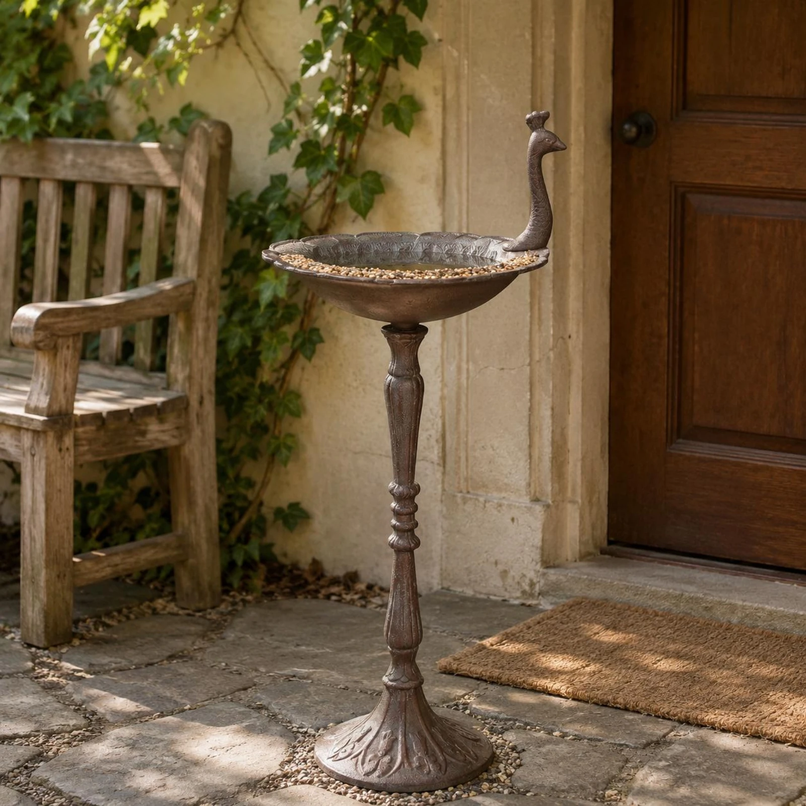 Decorative Cast Look Freestanding Bird Feeder Ornate Base Tall Pedestal Stand for Patio Lawn Outdoor Use