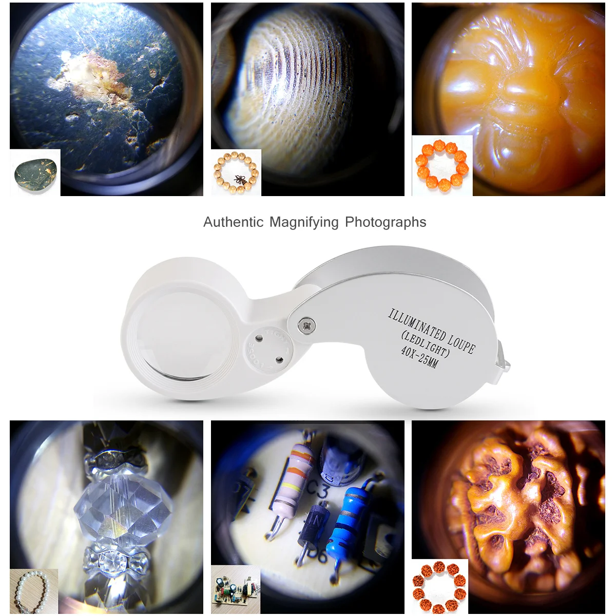 

Portable 40x 25mm Silver Metal LED Jewelry Magnifier Loupe Folding Illuminated Magnifying Glass for Diamond Inspection Coin