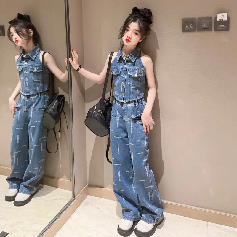 Teens Girls Oufits Blue Denim Sleeveless Backless Vest Jeans Two Pieces Children Costumes 2023 Summer Fashion Kids Clothes Sets