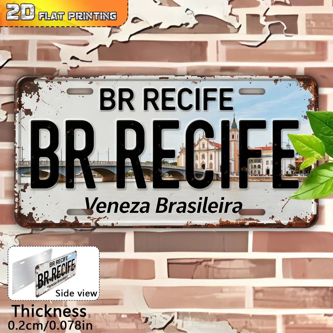 Letrero Metálico Vintage 2D Plano de Recife, Brasil - Estilo Letrero - BR RECIFE y Texto en Portugués para Decoración de Pared (15.24cm X 30.48cm) - Pernambuco