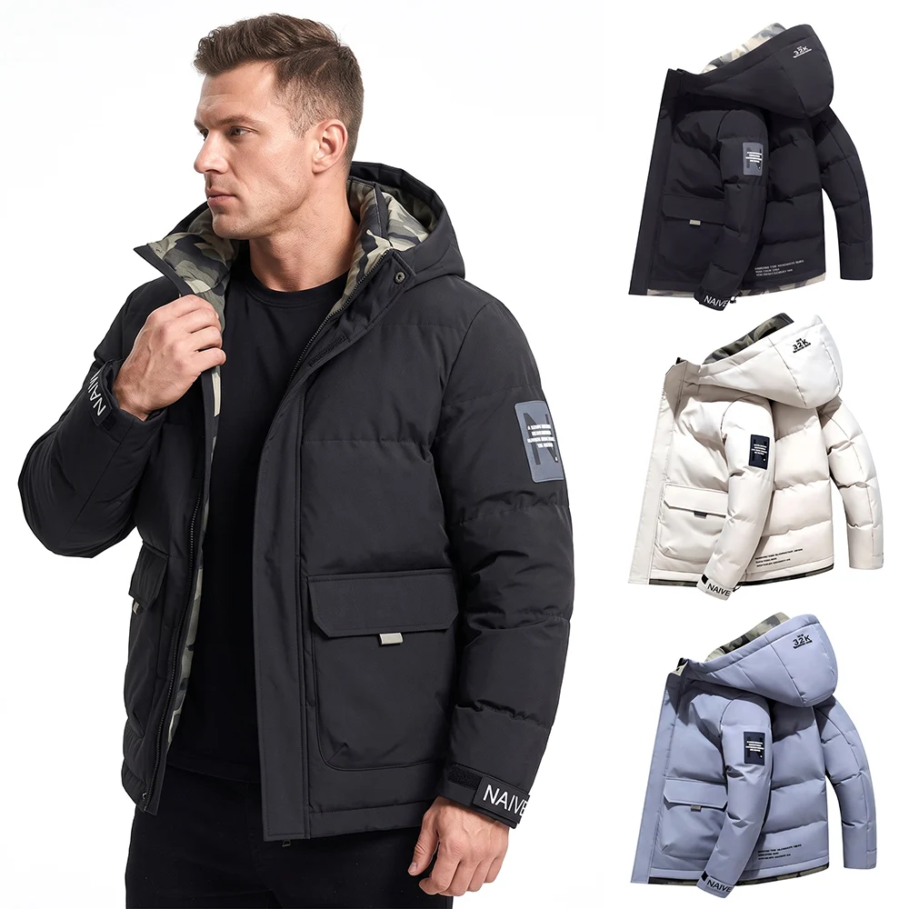 Winterjacke für Herren, dicke Pufferjacke mit Kapuze, Patch-Buchstabendruck, warm, winddicht, Parka, lässige Alltags-Oberbekleidung