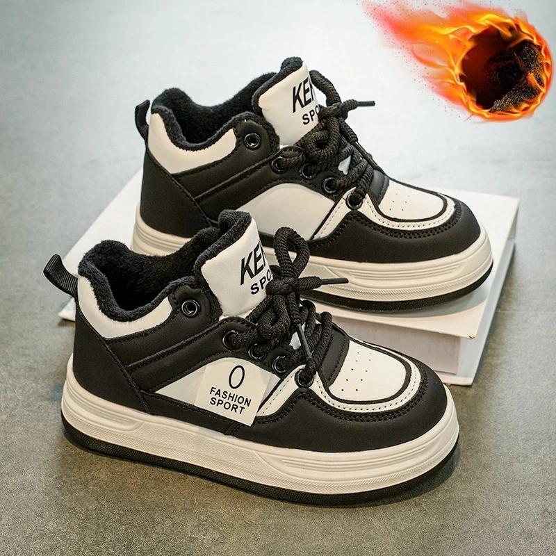

Kids Fashion Sneakers Boys Girls Black White High Top Shoes Warm Velvet Anti Slip Sport Trainers for Children Winter Daily Wear