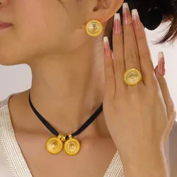 24k Gold Plated Fashion Women Black Ribbon Choker Necklace Earrings Ring Pendant Jewelry Set For Wedding Bridal Party Gift