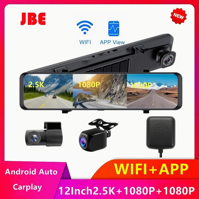 12Inch 2.5K 3Camera  Car Dash Cam Carplay & Android Auto Rearview Mirror Video Record WIFI Loop Record Phone APP Car Dvr