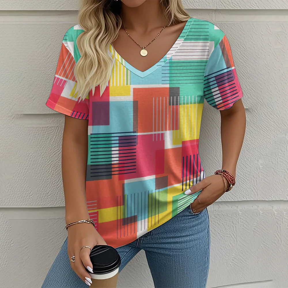 ฤดูร้อนผู้หญิง V คอสั้นเสื้อยืด Tops พิมพ์เสื้อยืดกลางแจ้งหญิงสบายๆขนาดใหญ่เสื้อผ้า Streetshirts