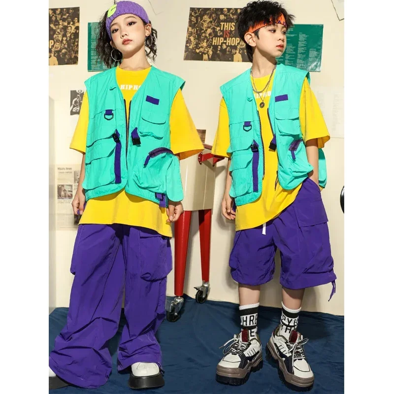 

Kid Hip Hop Clothing Lake Blue Vest Purple Cargo Pants with Pocket for Girls Boys Jazz Dance Costume Clothes
