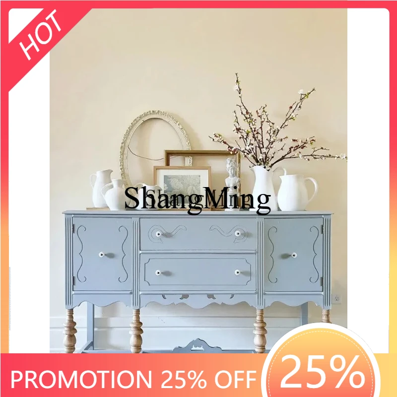 

SM new solid wood retro engraved blue entrance dining side cabinet simple living storage storage decorative cabinet