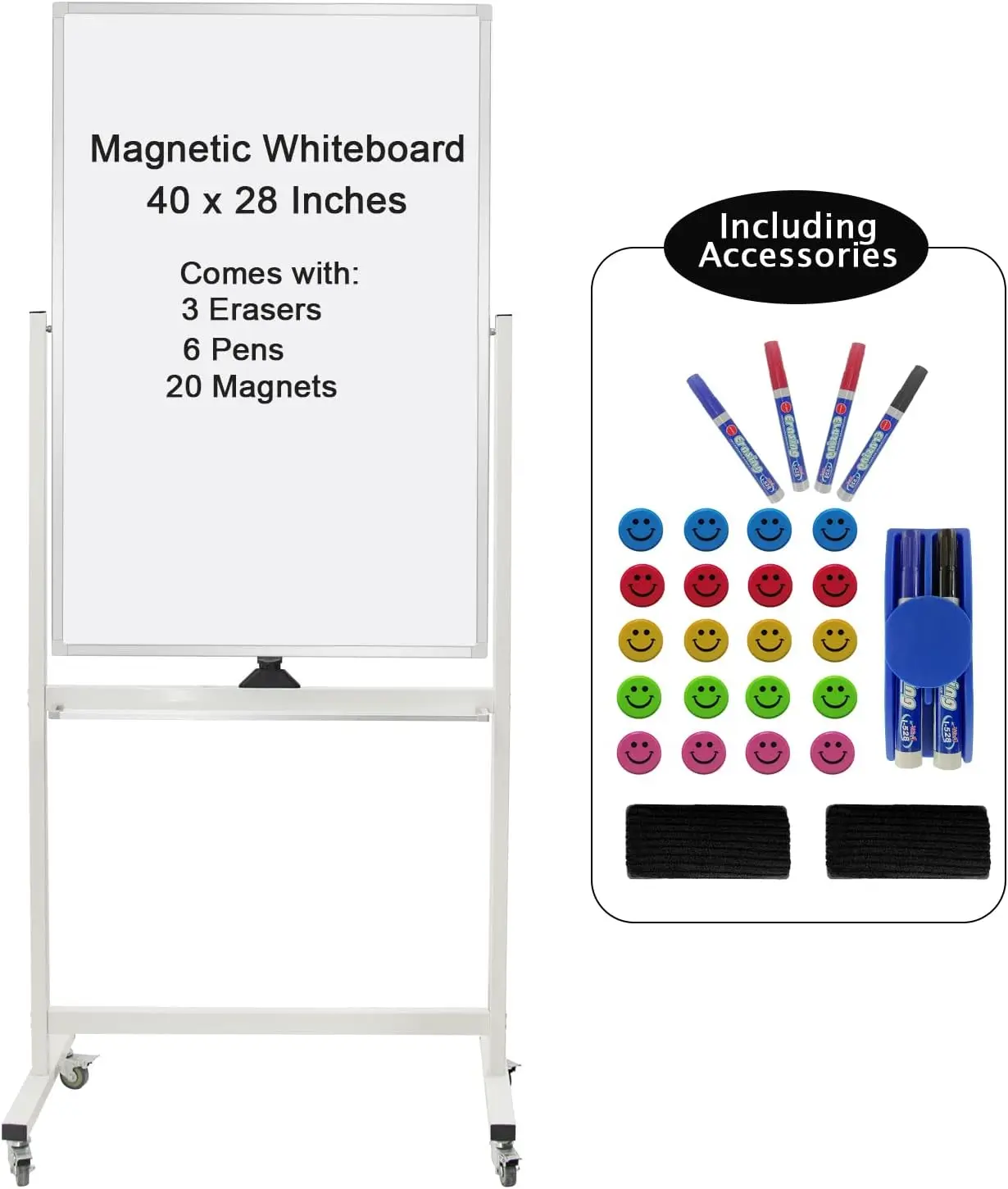 40x28 Inch Double-Sided Magnetic Rolling Whiteboard with Stand, Aluminum Frame and Wheels