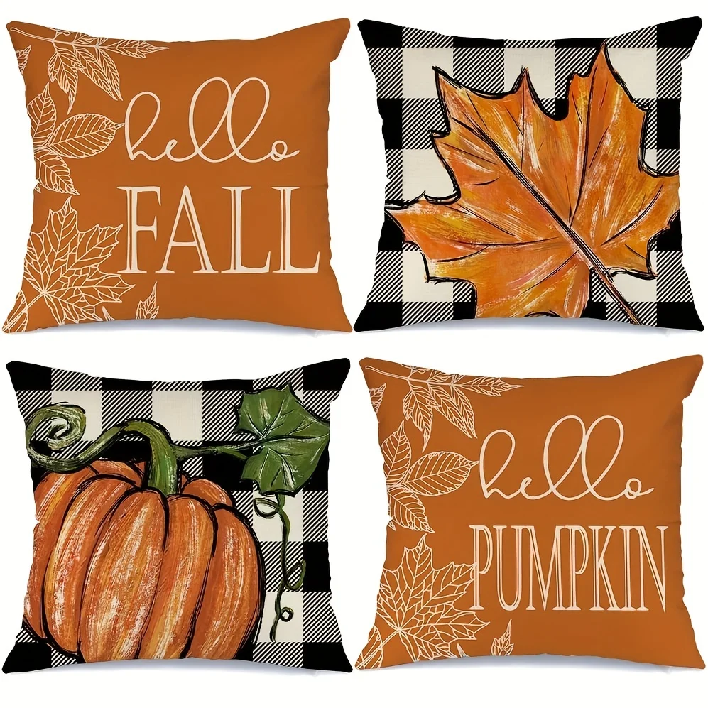 4pcs Buffalo Plaid Pumpkin Maple Leaves Fall Throw Pillows Cover Farmhouse Thanksgiving Autumn Cushion Case for Couch Home Decor