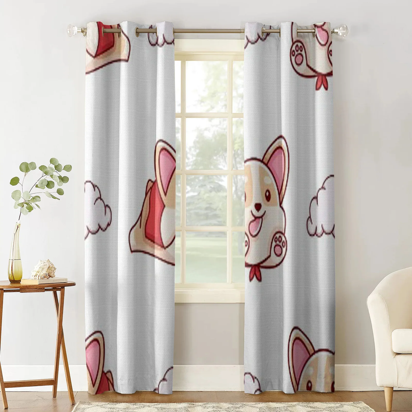 Cute Kawaii Hand Drawn Corgi Doodles Print Window Curtains Home Living Room Kitchen Home Textile Decoration Bedroom Curtains