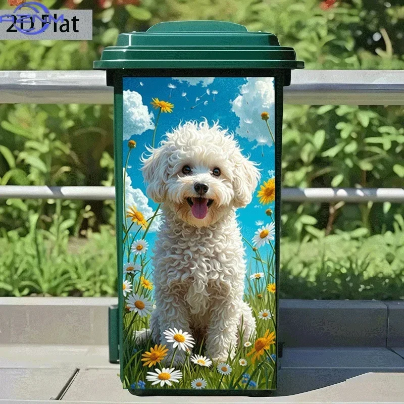 2D 1PCof  Flat Printed Sticker for a Trash Can, Measuring  Featuring a Cute Dog Among Flowers. This Self-Adhesive Wall Decorat