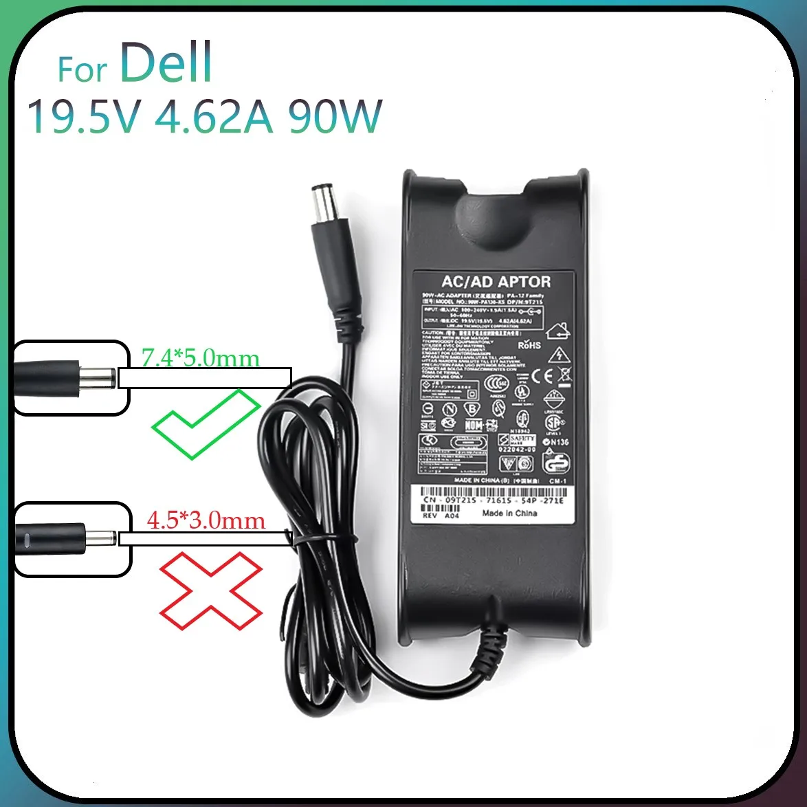 19.5V 4.62A 90W 7.4*5.0mm AC Laptop Charger For Dell E4300 E5410 E6320 E6400 E6430 3521for Dell Inspiron N5110 Power Adapter