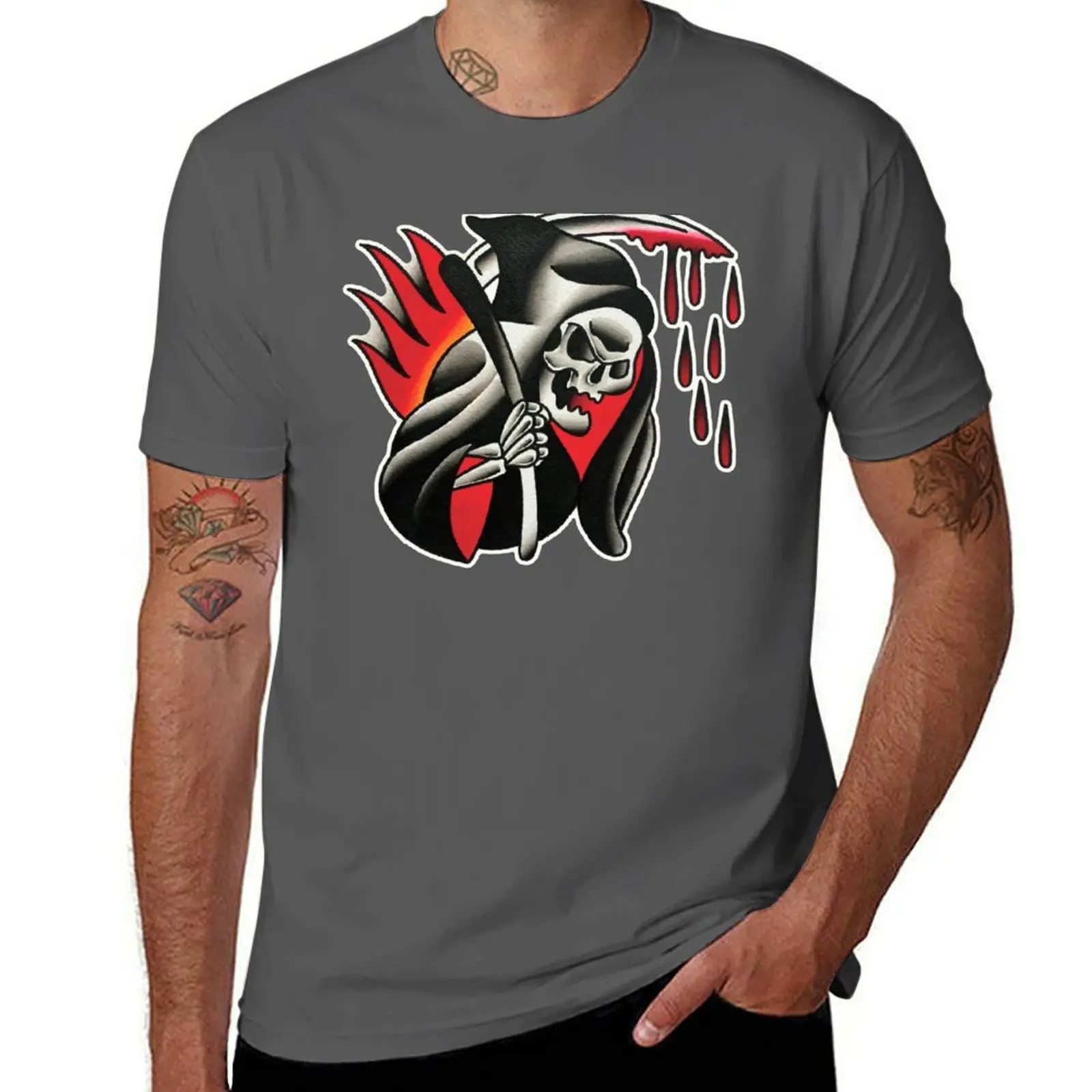 with Design Blood Traditional Tattoo Dripping Reaper T-Shirt Casual Everyday Wear T-Shirt