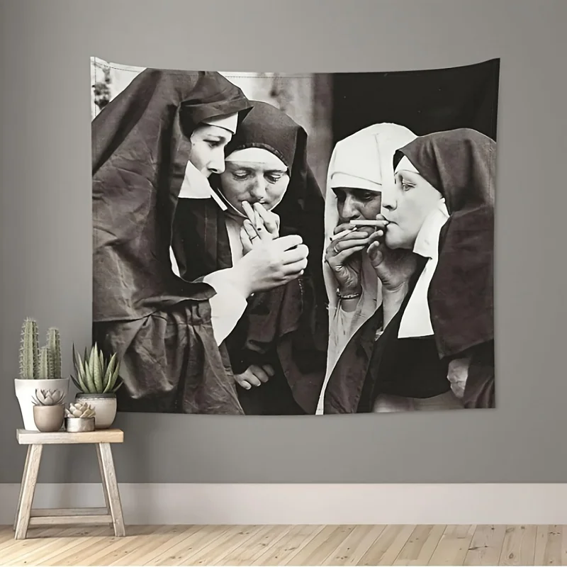 VIKAMA Vintage Nonne Kunst Wandteppich Schwarz und Weiß Wohnzimmer Sofa Hintergrund Wand Café Dekor Künstlerischer Stil Raum Akzent