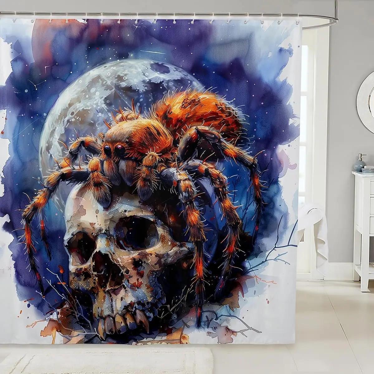 Skull Spider Bathroom Curtain,Halloween Themed Goth Animal Bath Curtain Galaxy Starry Sky Shower Curtain Scary Spider Curtain
