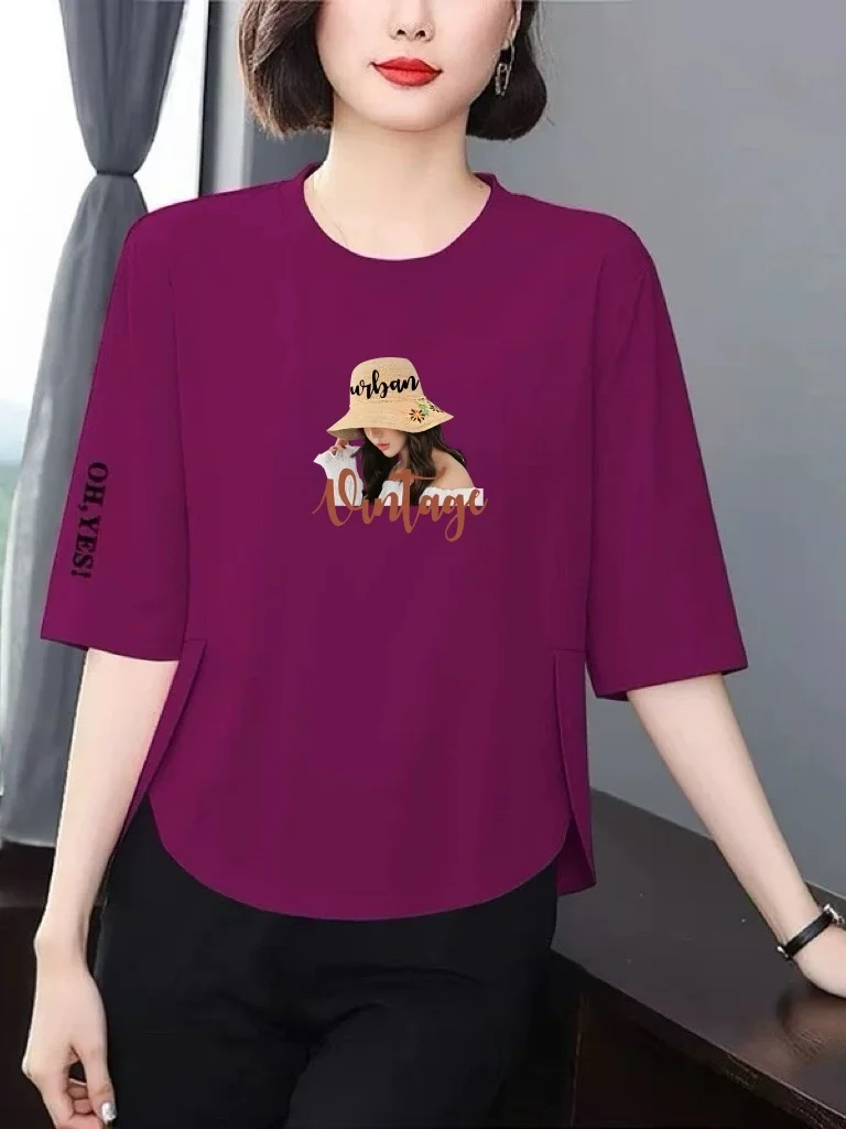 

Loose Fit Floral Print T-Shirt Mom Style Sleeveless Top for Middle-Aged Women Breathable Polyester Fiber round Neck Short Sleeve