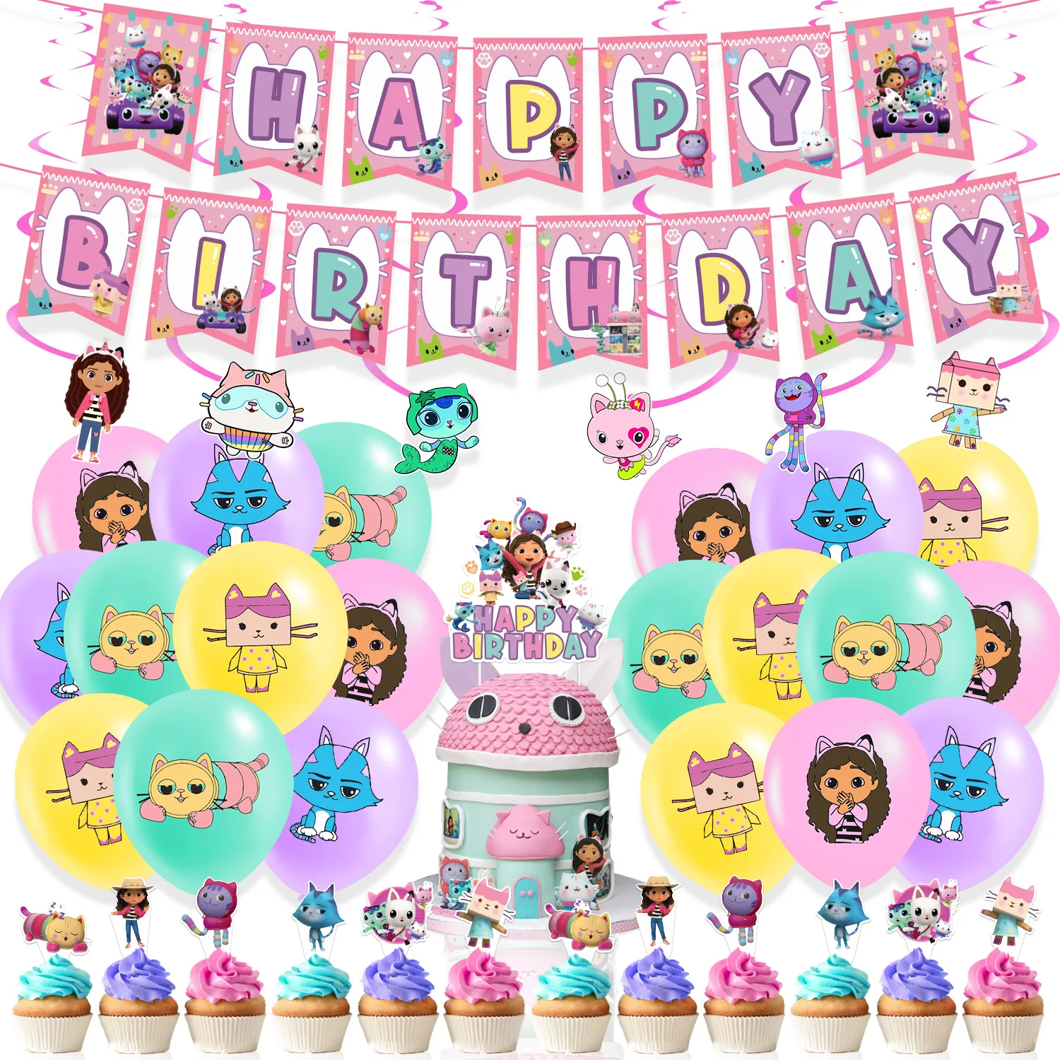 

Gabbyed Doll House Tableware Party Decoration Paper Banner Latex Ballon Cake Topper Girl Children Happy Birthday Party Supplies