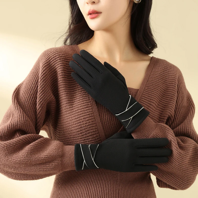 Winter Women Fashion Elegant Keep Warm Touch Screen Plus Fleece Windproof Soft Gloves Elasticity Cross