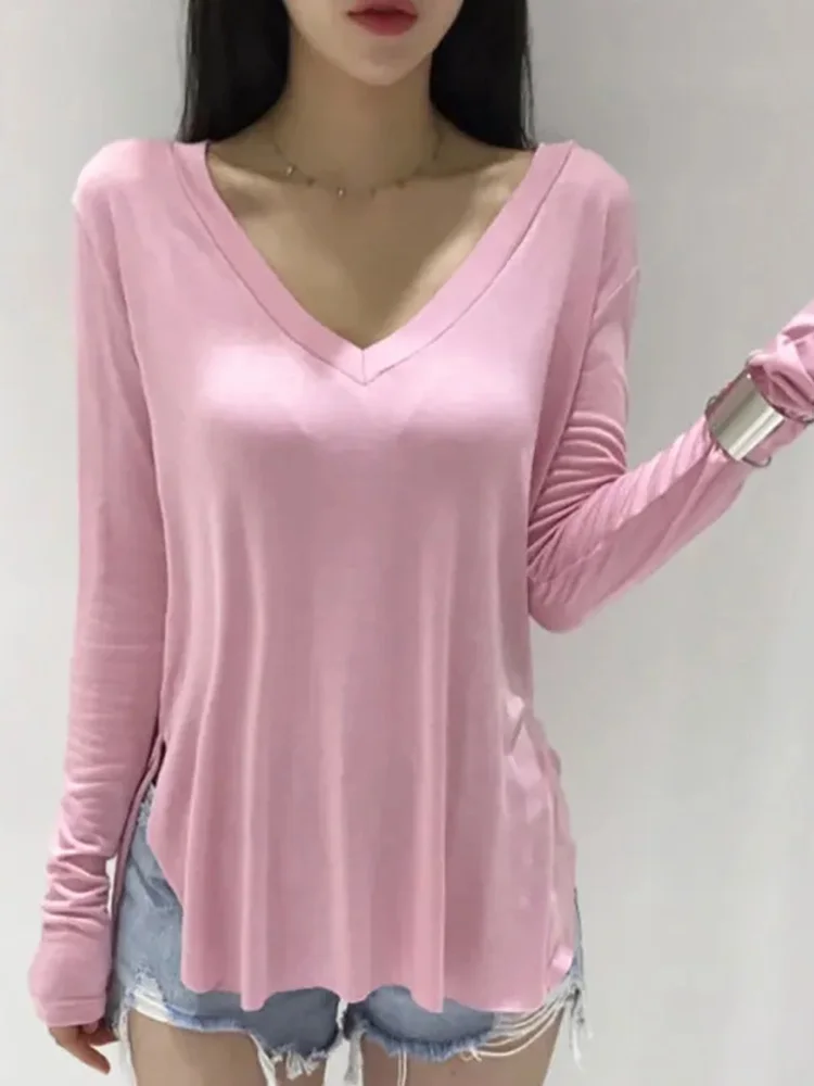 Casual V Neck T Shirt For Women Spring 2023 Korean Style Woman Clothes Basic T Shirts Long Sleeve Tops Loose Tee Shirt Camisetas