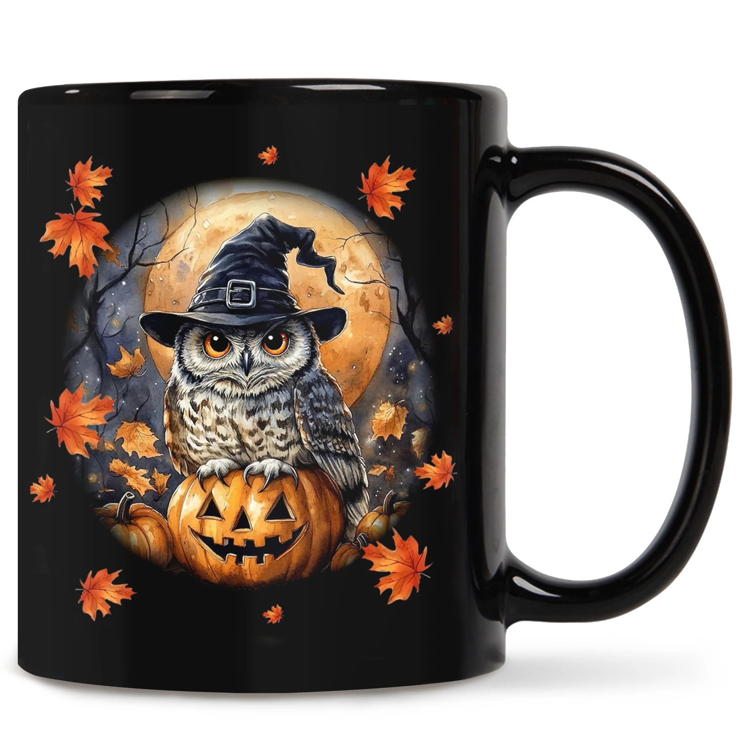 1pc,Owl Witch and Pumpkin Halloween Mug,maple leaves 11oz Ceramic Coffee Cups, Novelty Halloween Gifts (Black)