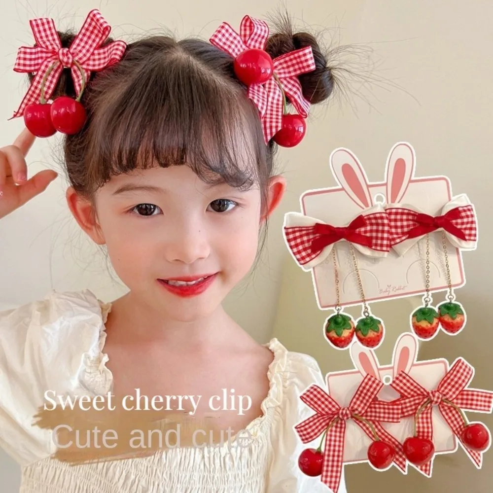 1Pair Red Cherry Cloth Bow Hair Clip Plaid Lace Bow Ribbon Strawberry Cherry Hairpin Kawaii Side Bangs Clip Barrettes Headwear