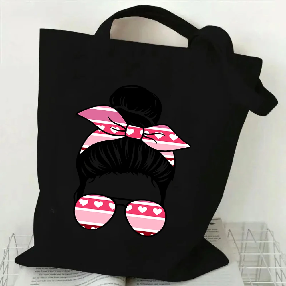 

Pink Striped Heart Messy Bun Sunglasses Girl Printed Canvas Tote Bag Reusable Shopping Handbag For Gift Women Daily Travel Bag