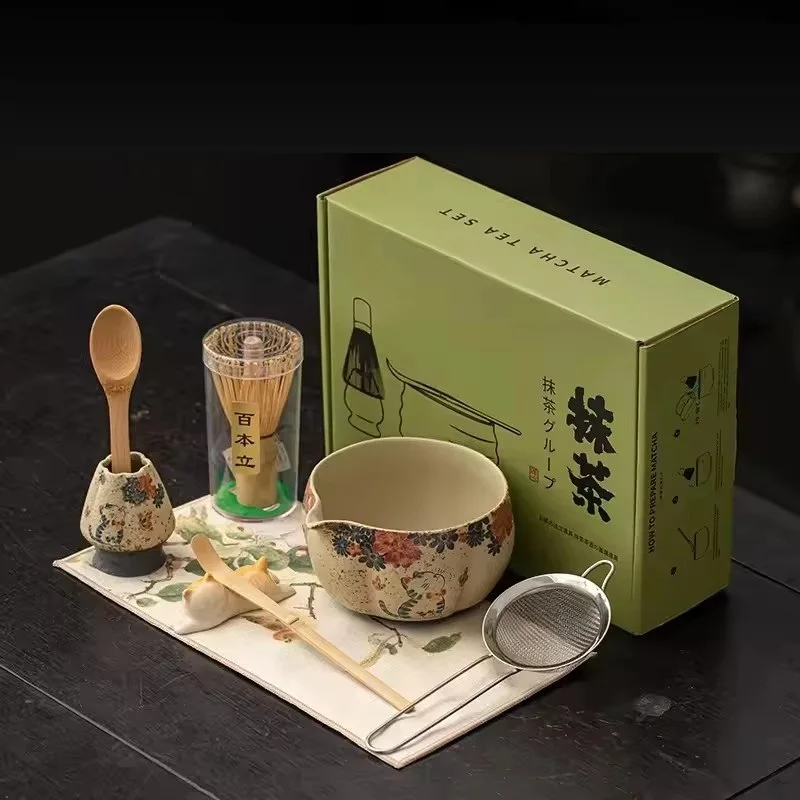 2-8PCS Japanese Flint red Matcha Set Bamboo Matcha Brush Exquisite Matcha Bowl Box with Whisk Sumptuous Tea Tools Gifts