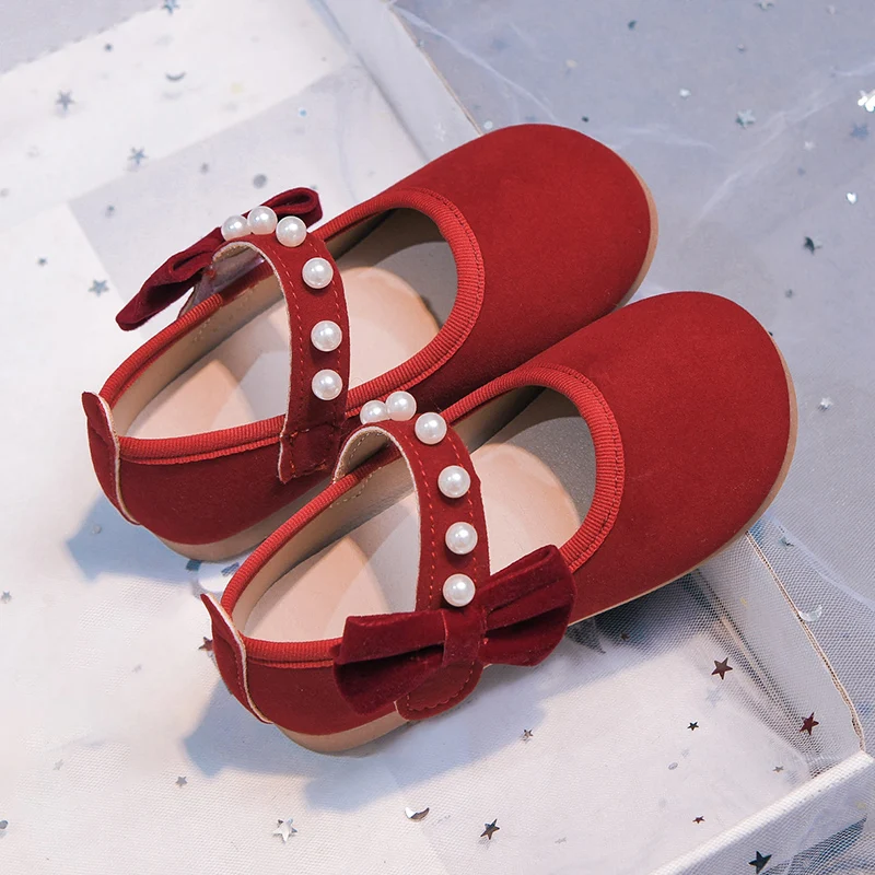 

Baby Girls Casual Shoes Elegant Princess Flock Fabric Kids Red Flats with Bow-knot Sweet Soft Chic for Wedding Party Spring New
