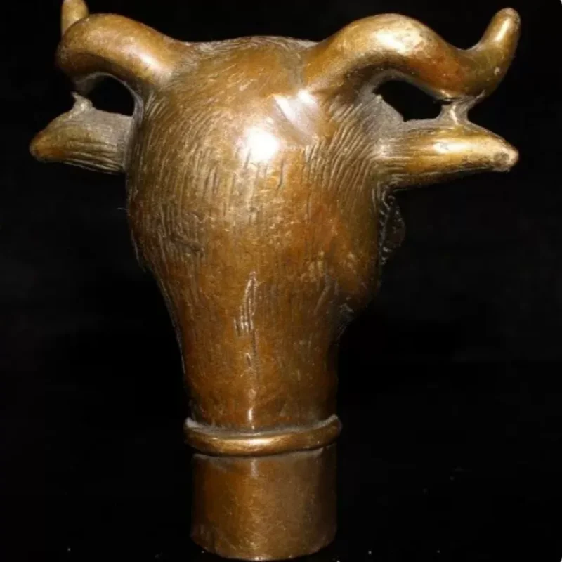 Antique Bronze Chinese Zodiac Bull Cane Handle - Vintage Folk Art Walking Stick Topper, Desktop Collectible Ornament