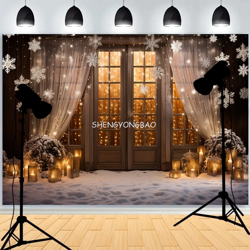 Gift Boxes Christmas Tree Photography Backdrops Winter Snow Decorations Wooden Door Fireplace Room Background Props WR-12