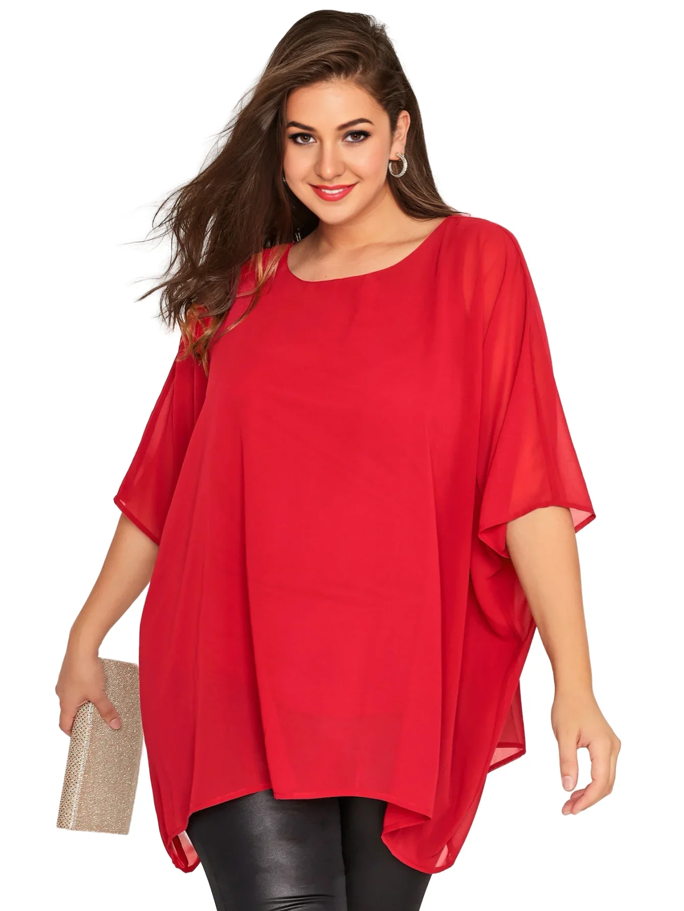 Womens Plus Size Elegant Summer Blouse Batwing Sleeve Oversized Chiffon Blouse Scoop Neck Large Size Casual Tunic Top Shirt 6XL