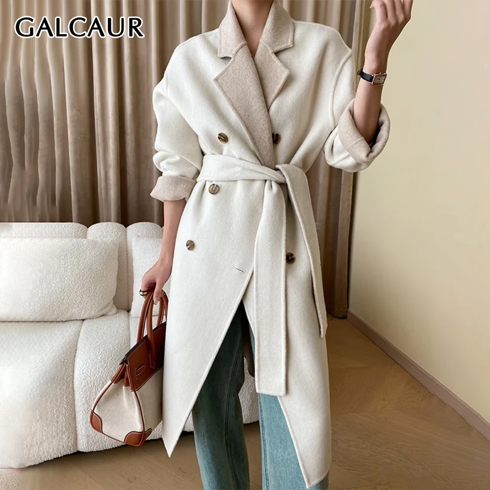 GALCAUR Elegant Patchwork Lace Up Wool Coat For Women Lapel Long Sleeve Spliced Double Breasted Temperament Winter Coats Female