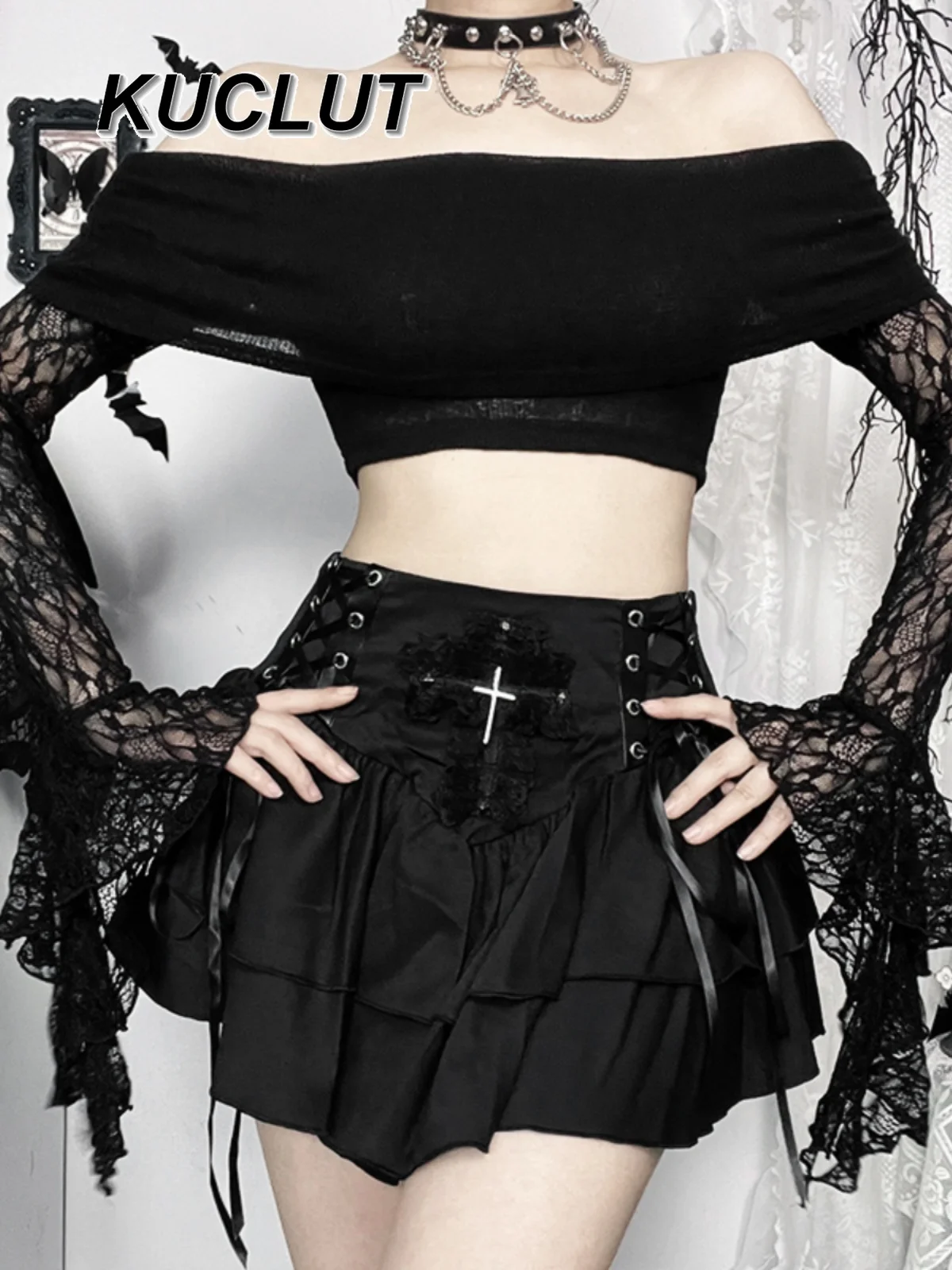 

Japanese Style Goth Black Lace Long Sleeve Shirt and Skirt Suit Female Punk Y2k Women's Two Piece Set Fashion Spring Autumn