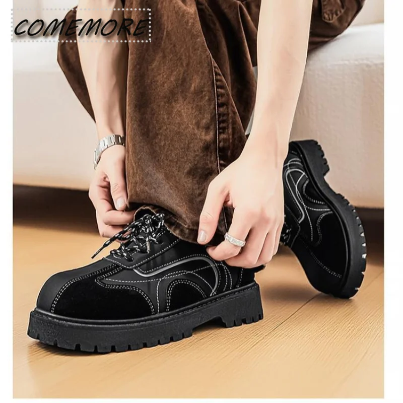 Men British Style Fashion Shoes Thick Sole Anti-slip Derby Style Lace-up Oxfords Footwears Leather Sneakers Causal Male Loafers