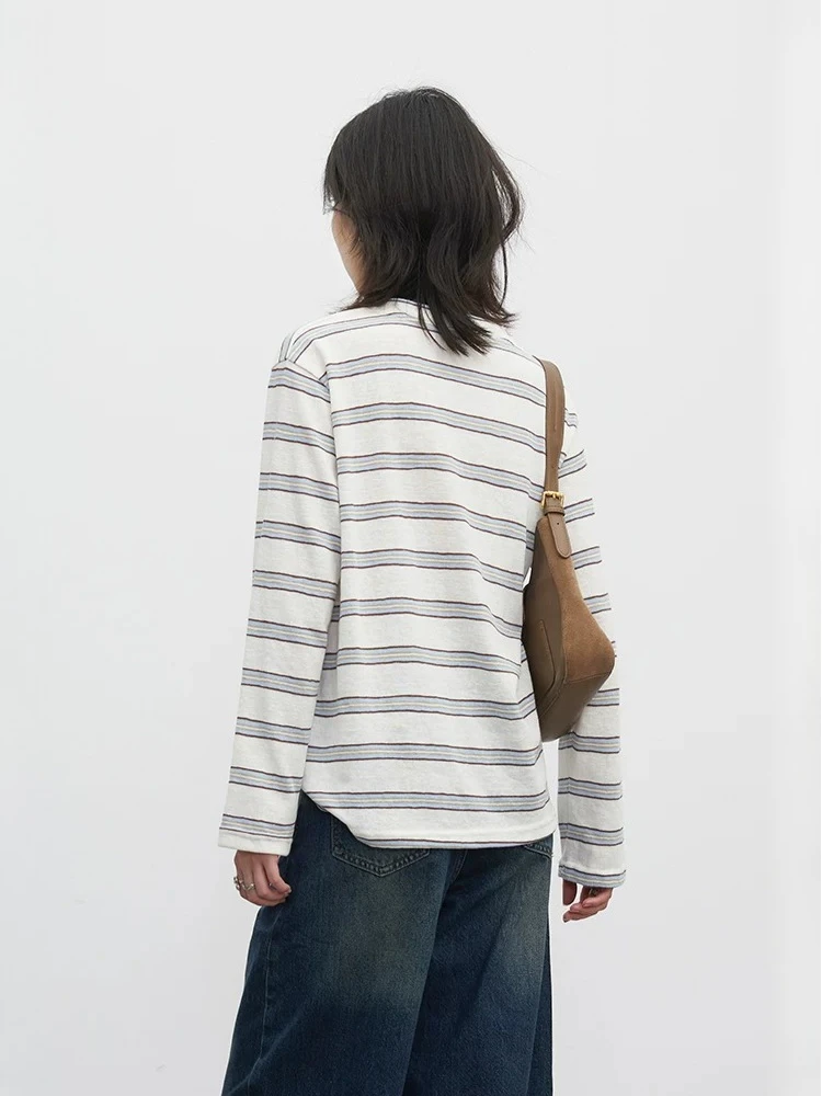 CHIC VEN Women Pullovers Korean Casual Loose Contrast Striped Long Sleeved Tees Button Design Lady T-shirts Spring Autumn 2026