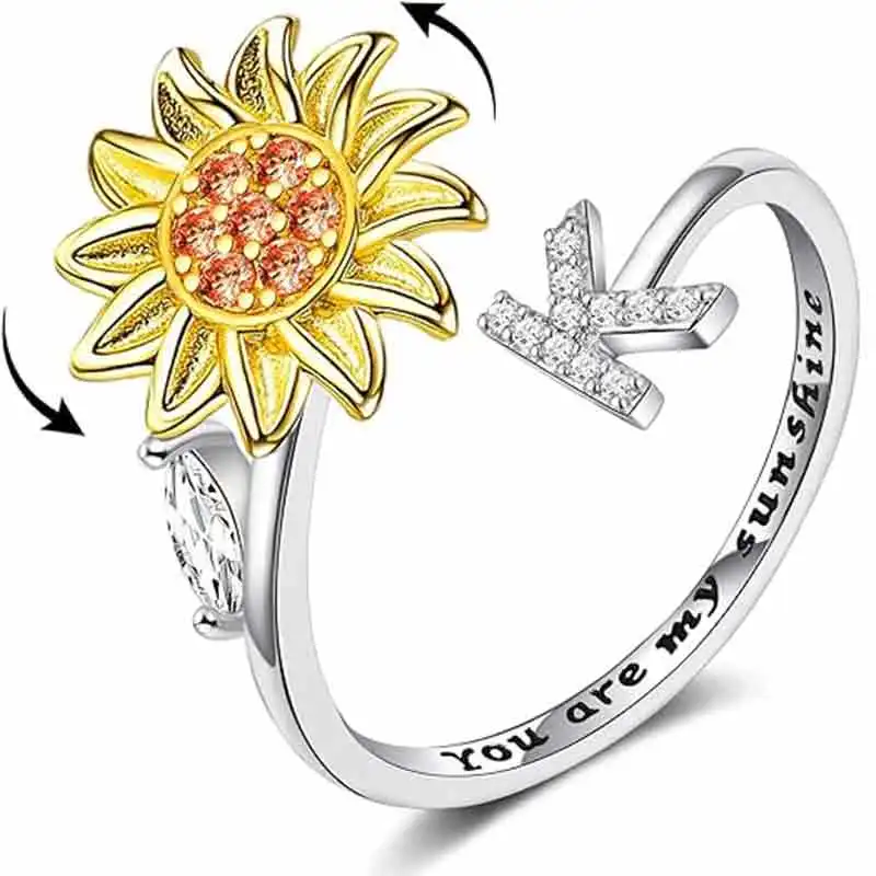 

PJS4 Sunflower Initial Letter Spinner Ring Open Adjustable Ring CZ Rings Daisy Stress Relieving Ring Jewelry Gift