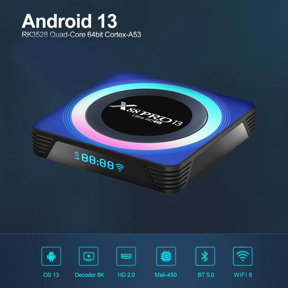 X88 Pro 13 Smart TV Box Android13 Rockchip RK3528 2GB16GB 4GB 32GB/64GB Wifi6 BT5.0 2.4G/5G Wifi 8K HD Media Player Set Top Box