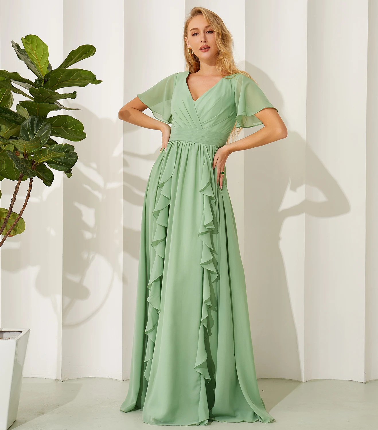 Modest Bridesmaid Dresses with Sleeves Chiffon V-Neck Long Gowns and Evening Dresses for Wedding Robe Demoiselle D Honneur Femme