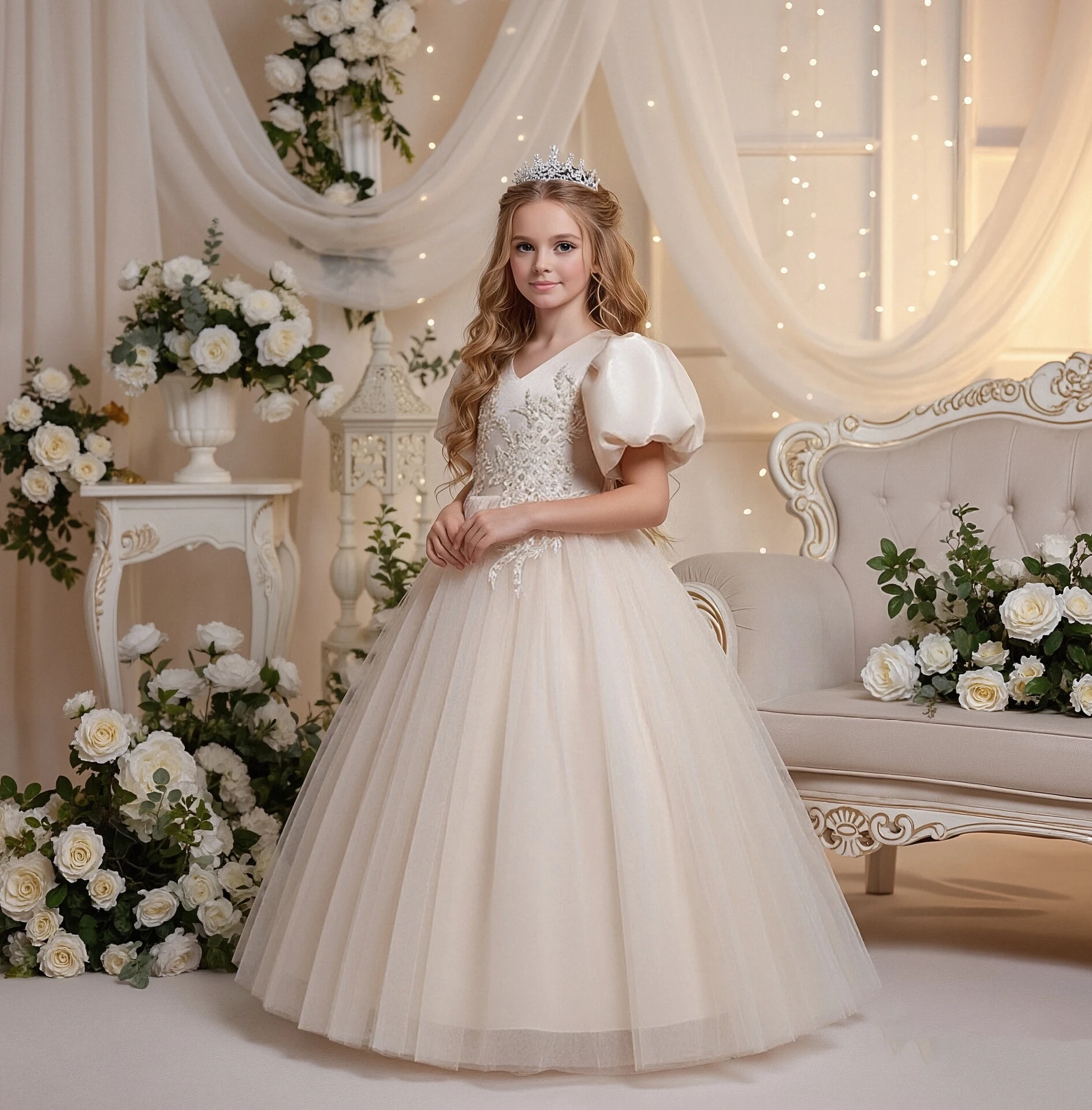 Vestido de fiesta formal para niños Vestido de tul bordado con mangas abullonadas para flores Vestido largo de malla de cristal brillante de 3 a 12 años