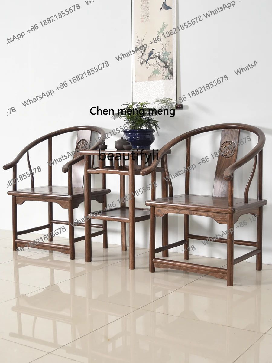 New Chinese Style round-Backed Armchair Three-Piece Set Antique Solid Wood Old Elm Hotel Sofa Chair Log Seat